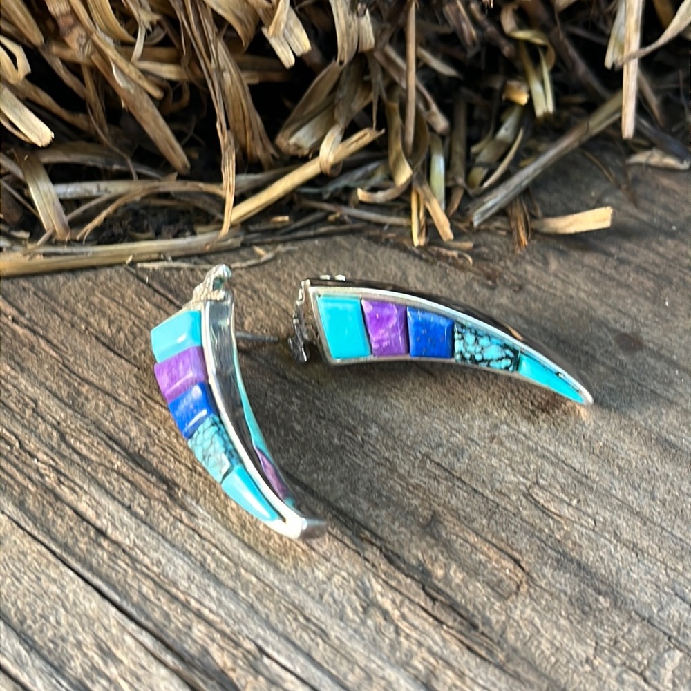 Allan Barney Inlaid Sterling Silver Bear Claw Earrings